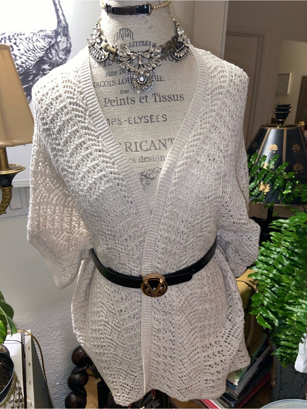 Naomi and Lavender Open-Front Crochet Knit Cardigan in Cream